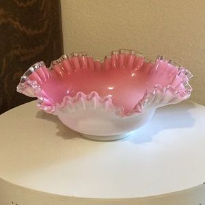 VTG Fenton cranberry and white double crimped silver crested edge bowl